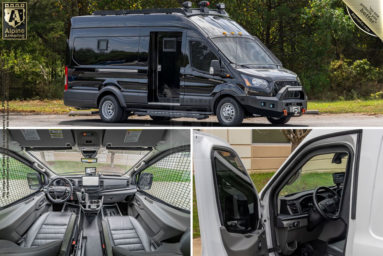A black Pointer van outdoors, with interior shots showing the driver's cockpit and rear seats. The van is equipped with various technological features. 