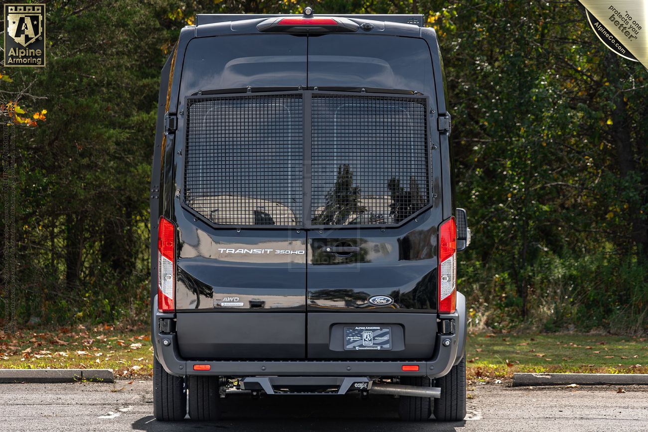 Rear view of a black Pointer van with a wire mesh covering the back window, parked in a lot with trees and greenery in the background.