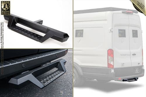 Image collage featuring two close-ups and one installed view of a rugged black step bumper designed for a white van. Manufacturer's logo, Alpine Armoring Inc., displayed in the bottom left corner.