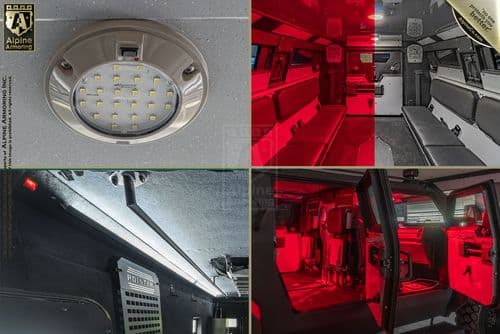 A collage showing various interior views of a vehicle, including an LED ceiling light, seats, equipment panel, and red lighting effects.
