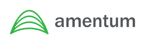 "Amentum company logo featuring green curved arc symbol and gray amentum text